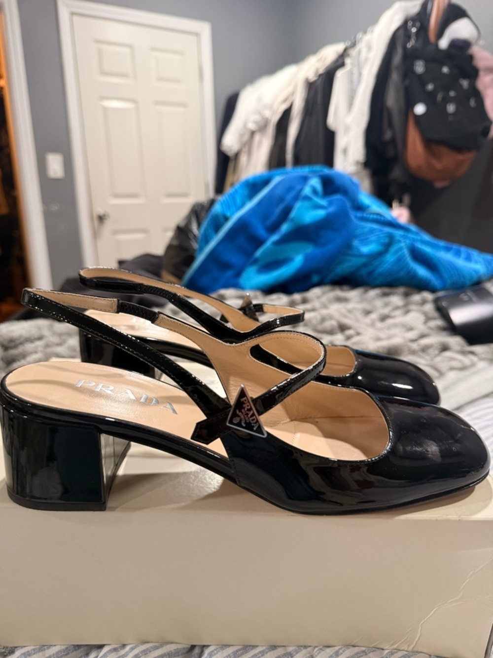 Prada Black Patent Slingback Block Heels with Square Toe - Picture 2 of 5